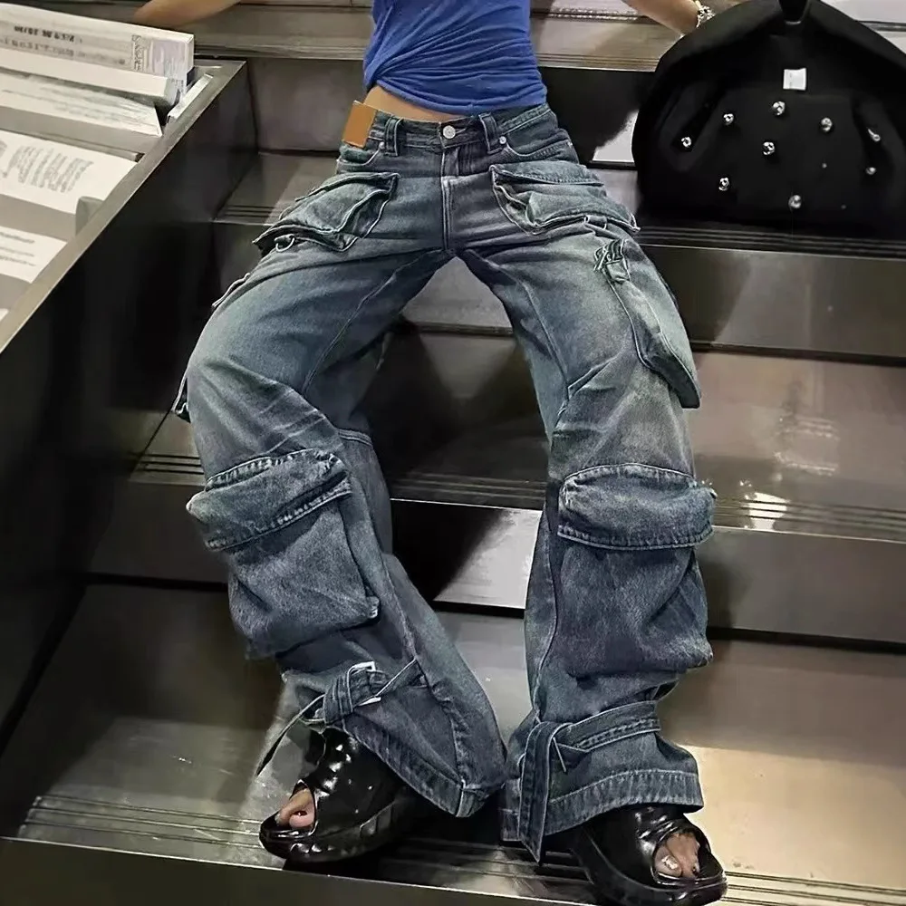 

Cargo Pants Mom Jeans Women Vintage Denim Trousers Distressed High Waist Multiple Pockets Y2k Streetwear Punk Floor Length