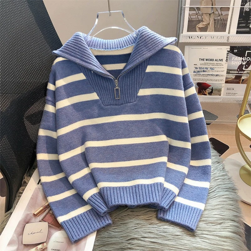 Autumn Winter Fashion Striped Zippered Lapel Long Sleeve Loose Casual Knitted Sweater For Women