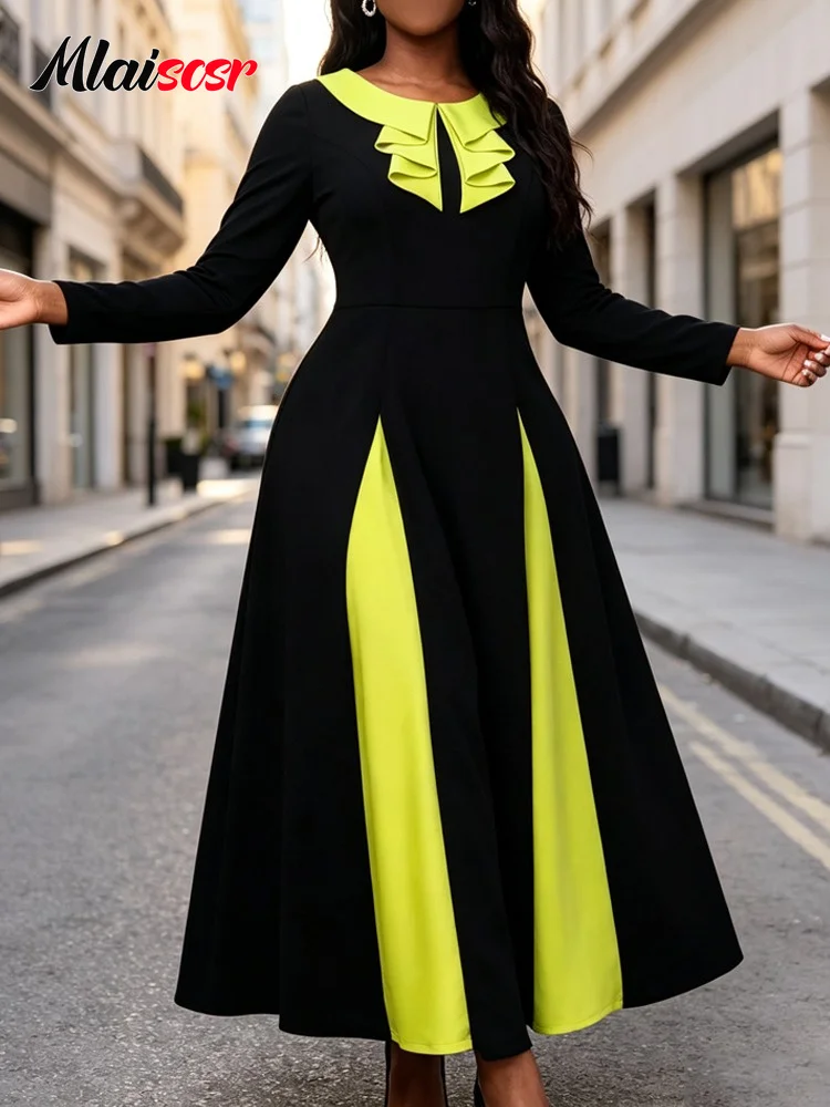 Mlaiscsr Vestido largo elegante para mujer, color negro, verde lima, con cuello con volantes, manga larga, estilo flare, para fiesta, noche, invitada, musulmán, africano