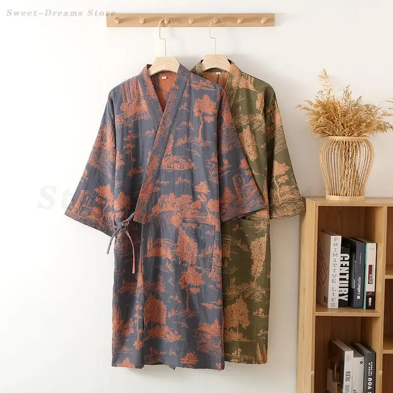 

Printed Robe for Men Cotton Kimono Bathrobe 2025 Spring Summer New Sleepwear Male Intimate Lingerie Nightwear Loose Loungewear