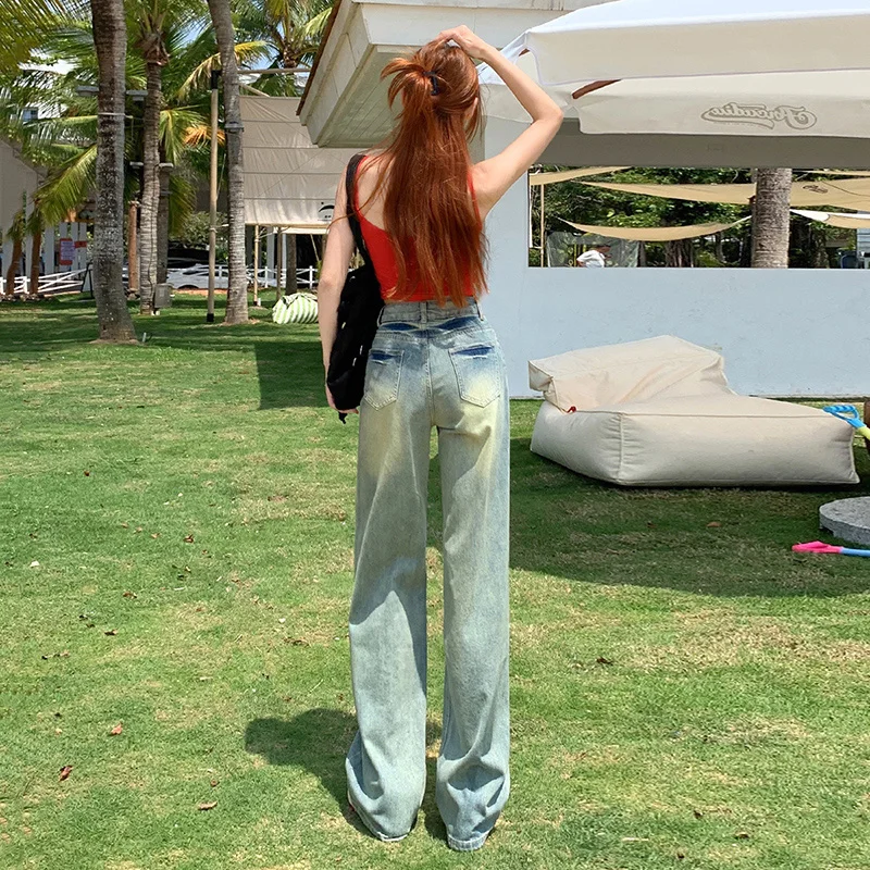 

Женские джинсы с завышенной талией для отдыха, прямые модные мешковатые джинсовые брюки Y2K, повседневная уличная одежда с высокой талией и карманом