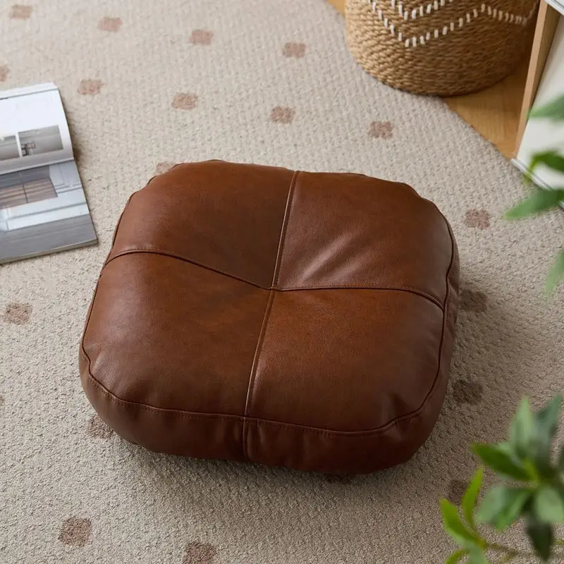 Square Thickened Floor Cushion Linen Striped PU Leather Soft Padded Seat Pad for Living Room Bedroom Tatami Meditation Adults