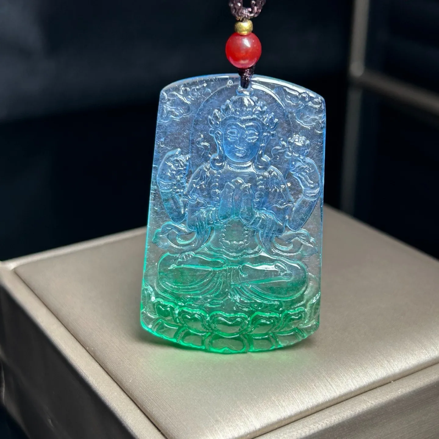 Nature ice multicolor Burmese jade Jadeite carved kwan-yin luck Pendant&Necklace