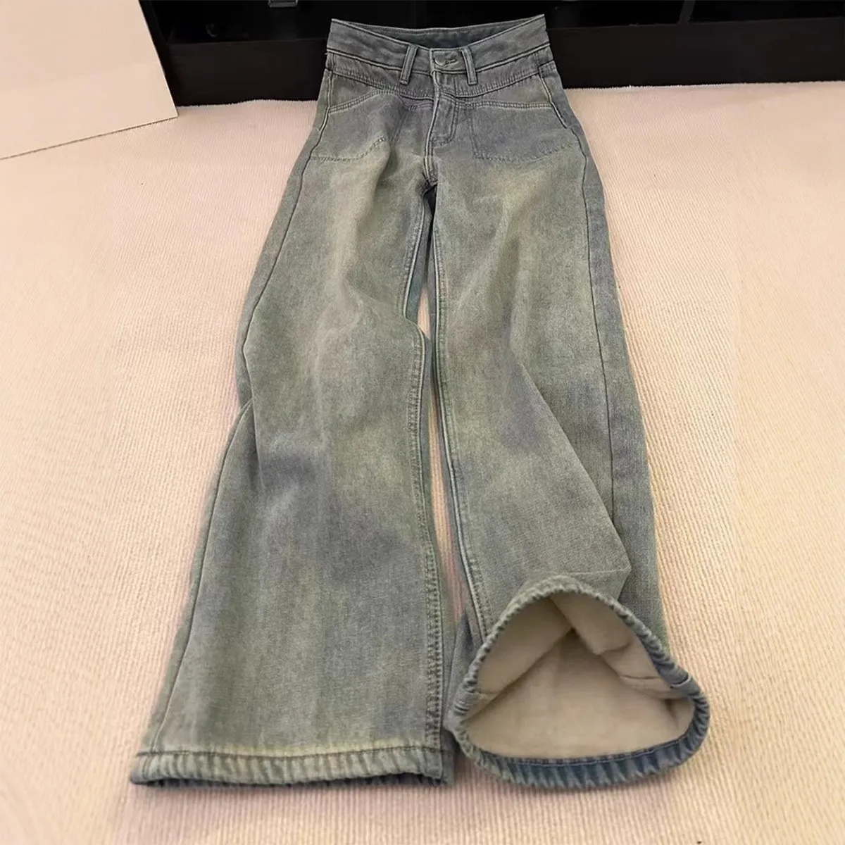 

Thickened Fleece Women's Jeans High Waist Loose Straight Leg Pants Autumn Winter Vintage Versatile Wide Leg Trousers