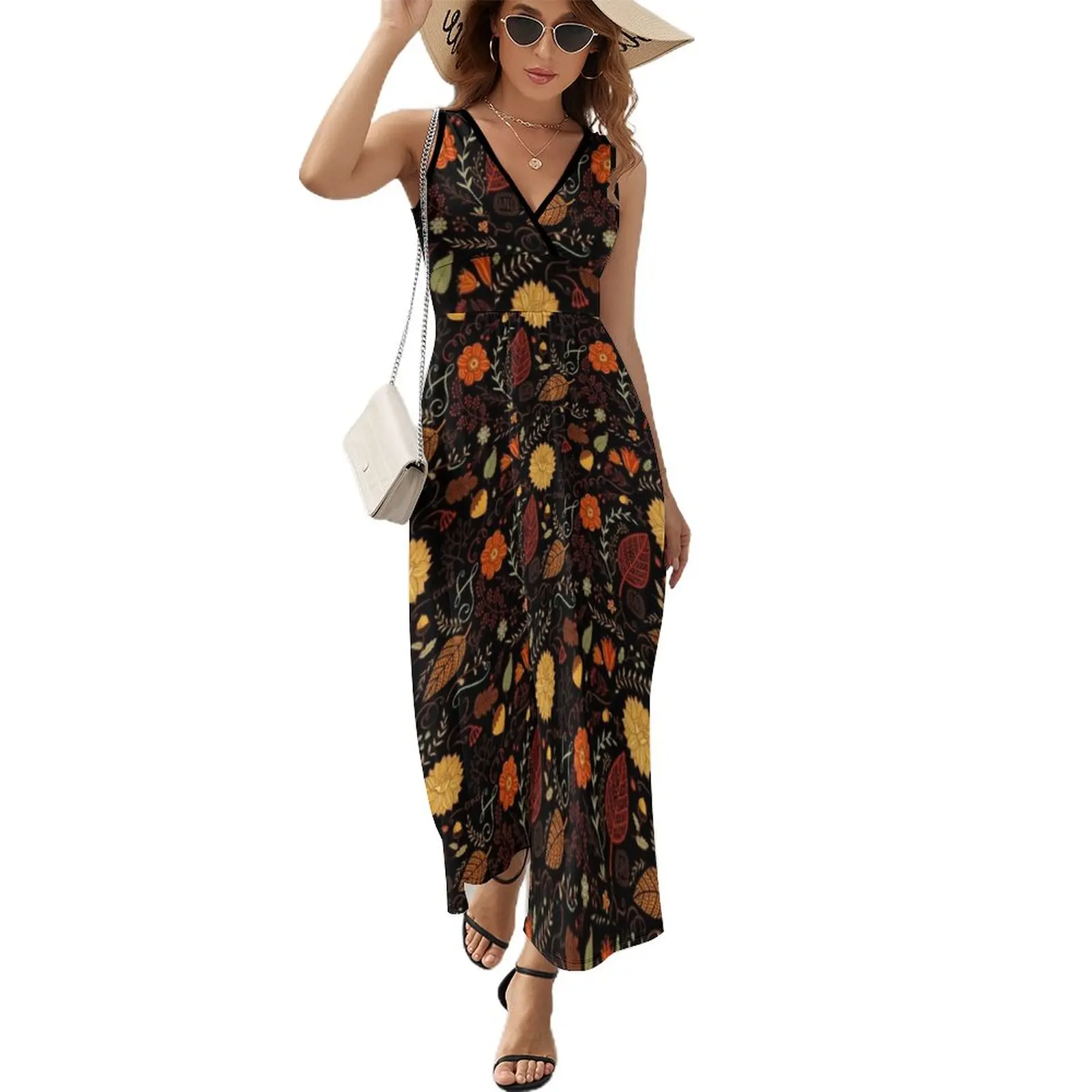 

Autumn Floral/ Leaf Design on Black Sleeveless Dress prom dresses 2024 Female clothing clothing women summer 2024