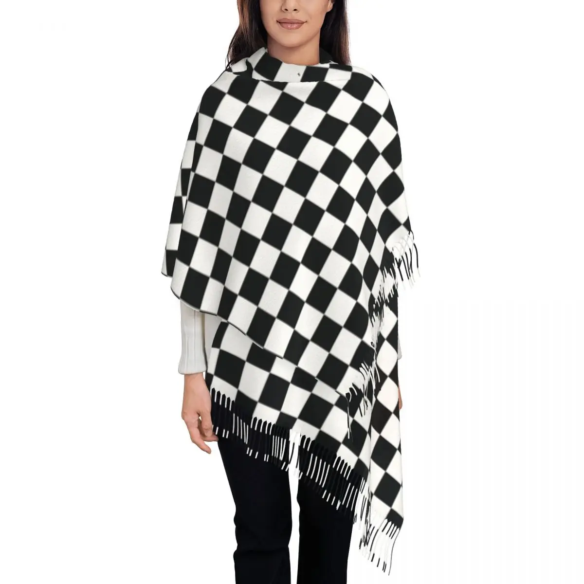 Custom Print Black White Checkered Plaid Grid Scarf Men Women Winter Fall Warm Scarves Shawls Wraps