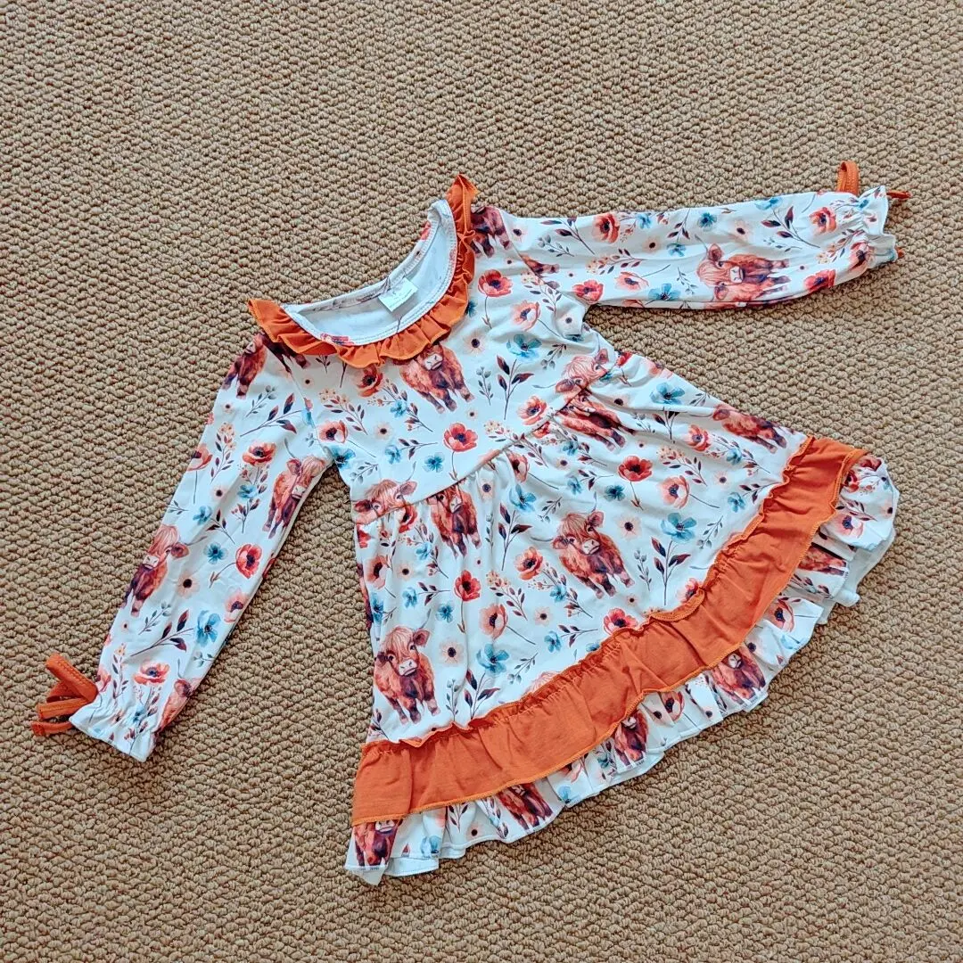 

9.16 Winter Hot Sale Wholesale Western Boutique children clothing Baby Girls Western Flowers Highland Cow Knee Length Dresses