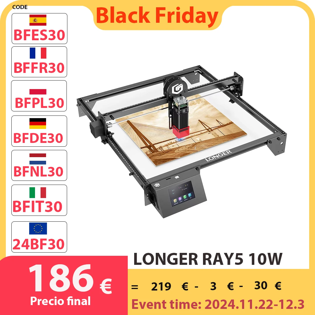 LONGER RAY5 10W Laser Engraver, 0.06x0.06mm Laser Spot, Touch Screen, Offline Carving, 32-Bit Chipset, WiFi Connection 400x400mm