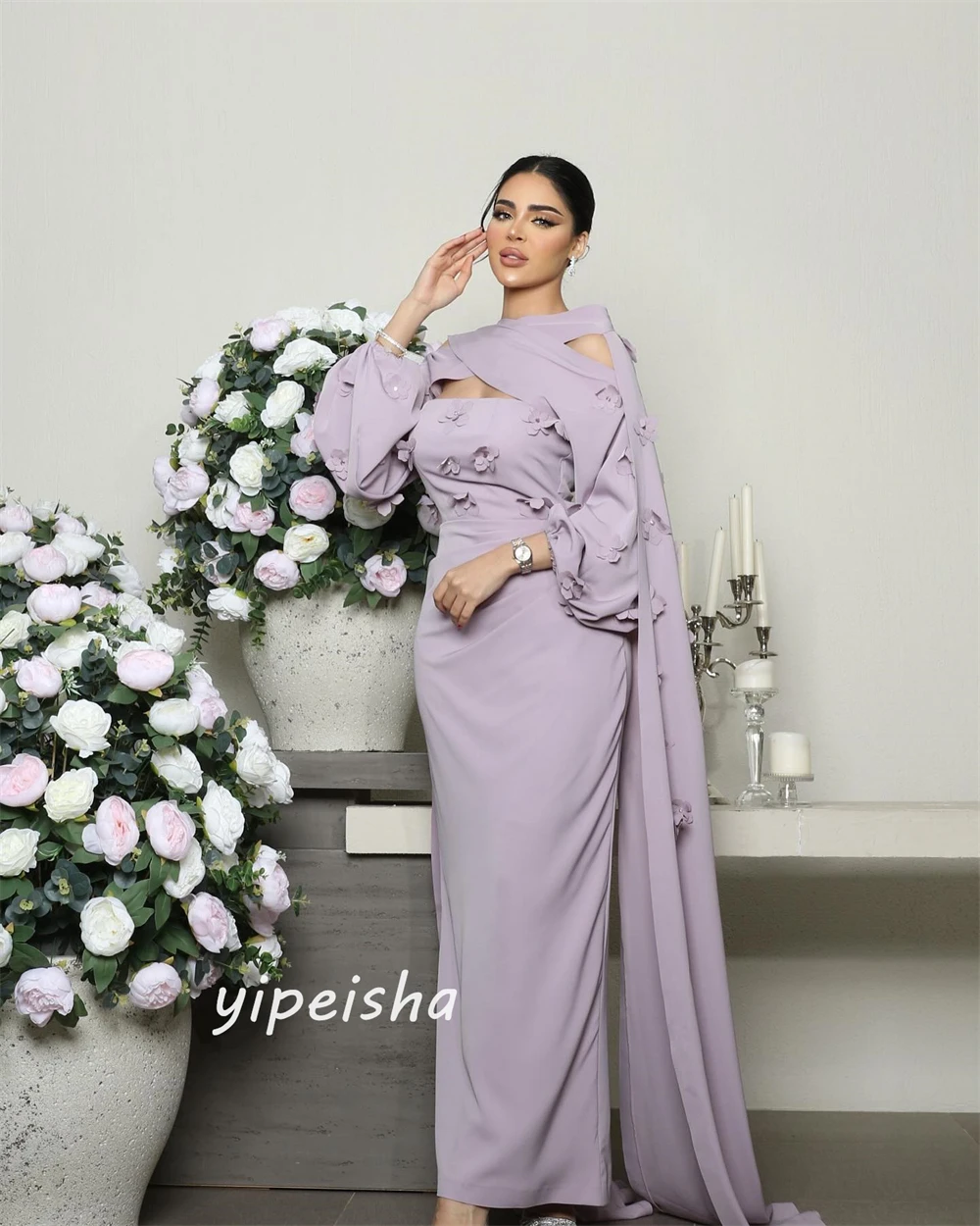 Jiayigong  Satin Flower Draped Clubbing Sheath O-Neck Bespoke Occasion Gown Long Sleeve Dresses