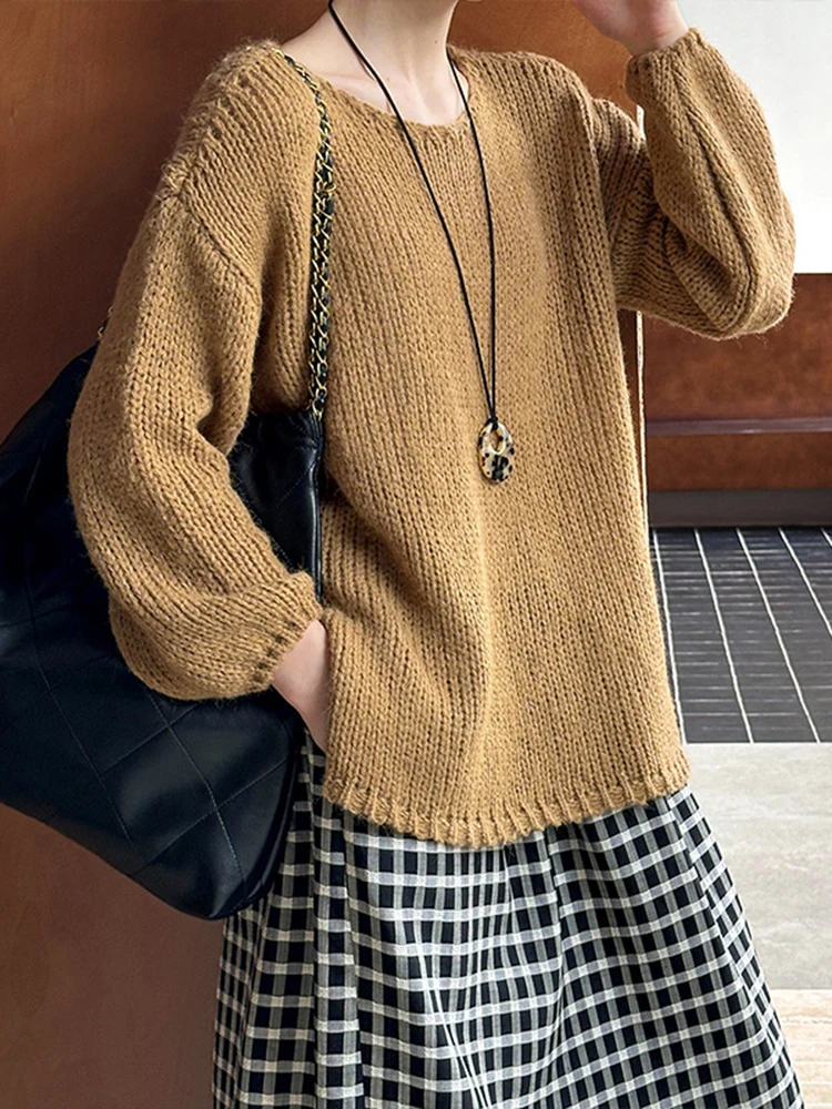 [LANMREM] Office Lady Knitting Pullover Sweater For Women Round Neck Long Sleeve Casual Loose Tops 2024 Autumn New 26C540