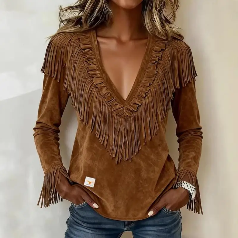 Autumn Winter New Women Casual V-Neck Fringe Splicing T-Shirt Cross-Border European American Fashion Design Sense Slim Fit Tops