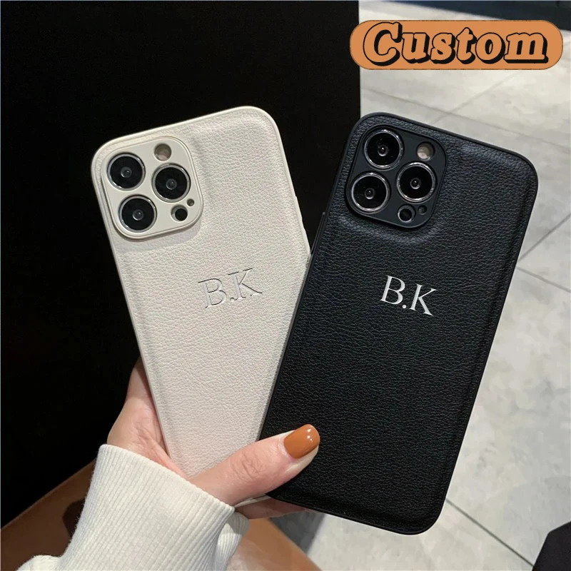 Personalized Case For iPhone 16 15 14 13 12 11 Pro Max Custom Name initials Leather Cover For iPhone 16 Pro Max Silver Letters