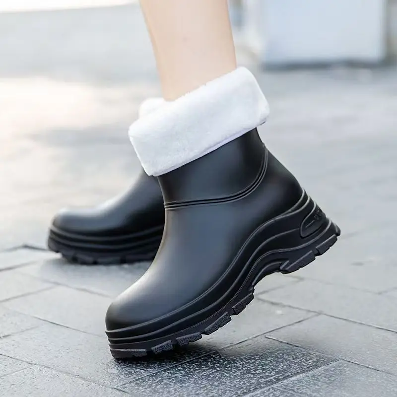 Women's Four Seasons New High Top Slip-On Rain Shoe Thick Sole Non Slip Waterproof Detachable Cotton Cover Work Shoe Water Shoes