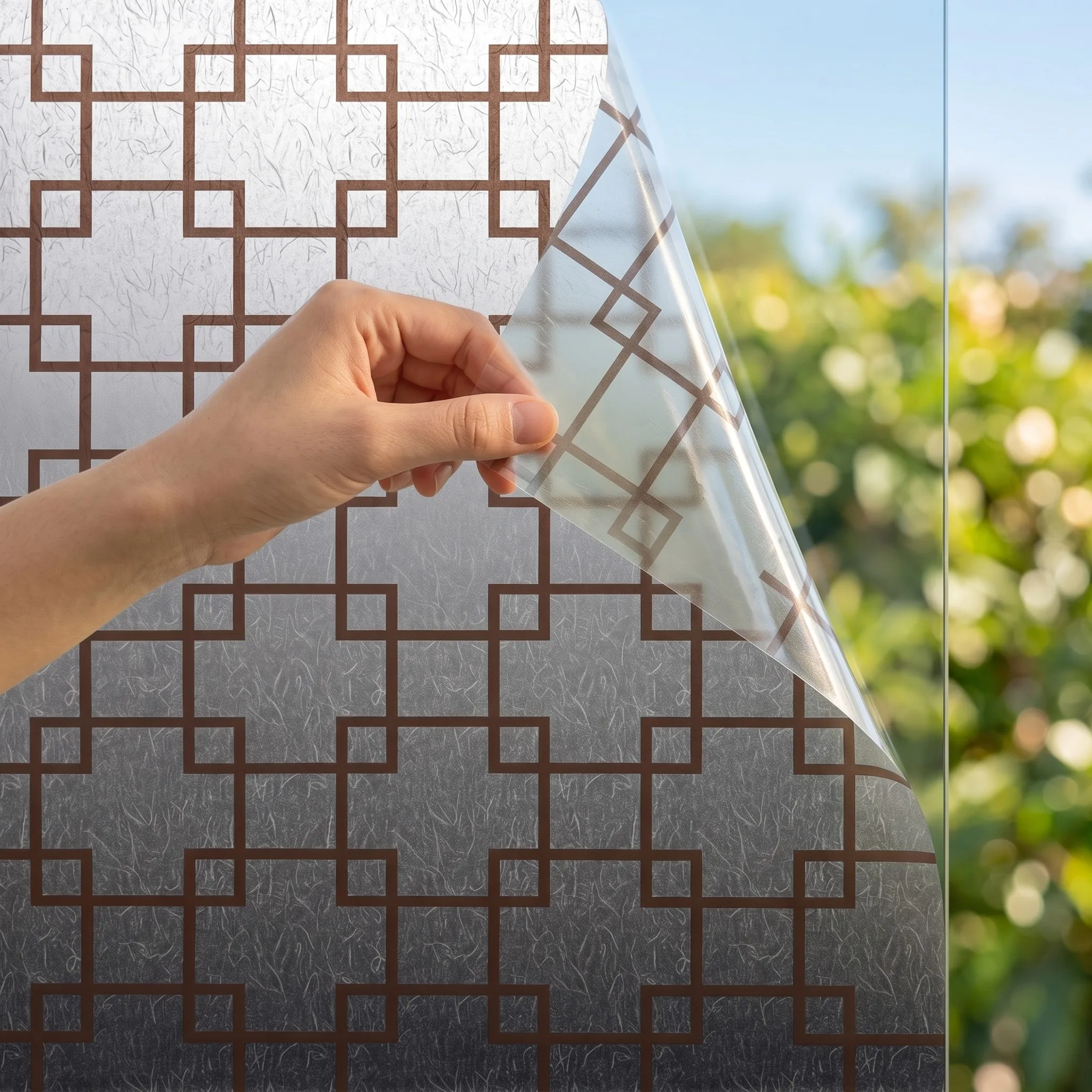 Static Cling No Glue Frosted Window Film Geometric Square Lattice Privacy Glass Film, New Chinese Decor for Bathroom Bedroom Off
