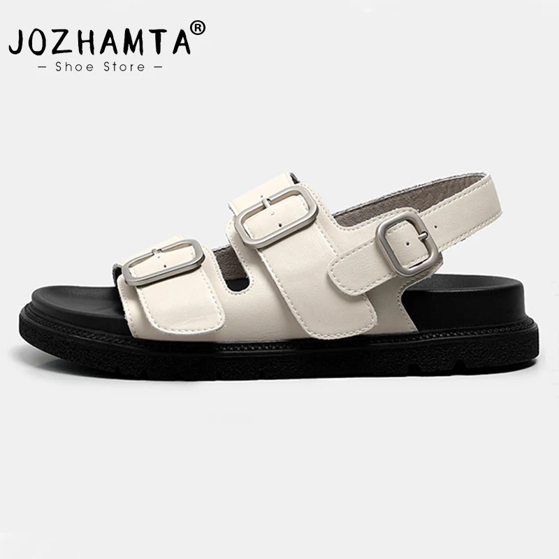 JOZHAMTA Size 35-40 Sandals Women Open Toe Slingback Buckle Strap Real  Leather Shoes Casual Outdoor Summer Female Shoes