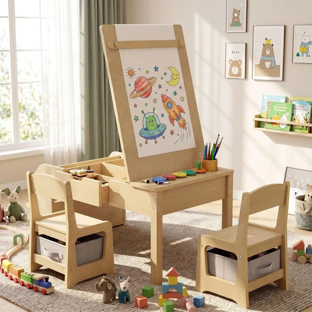 5-in-1 Kids Table and Chairs Set with Drawers, Convertible Craft Desk with Art Easel, Nature Wood