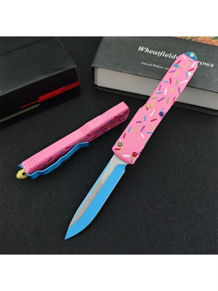 High Quality MICR Ultra Pink Donut Pocket Knife D2 Blade Aluminum Handle Assisted Hunting Knives Outdoor Camping Tactical Tools