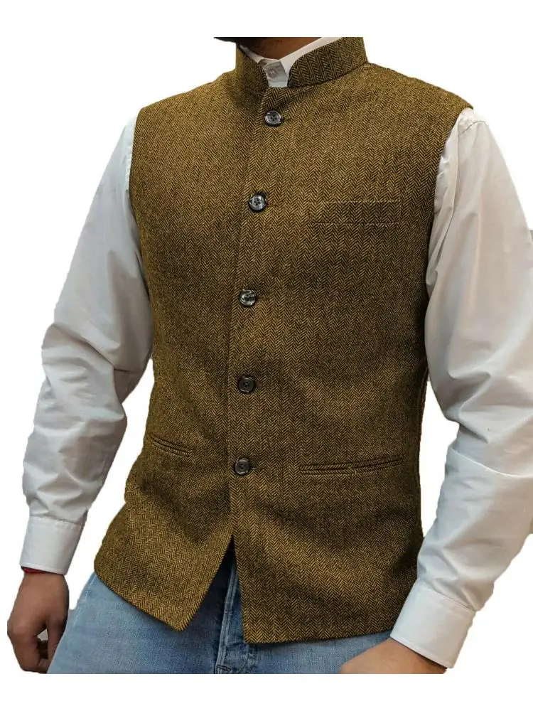 

Men's Suit Vest Brown Herringbone Wool Tweed Stand-up Collar Slim Fit Waistcoat Groom Costumes Clothing For Men Wedding Vest