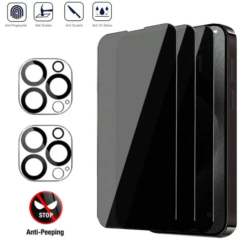

3Pcs Privacy Protection Screen Protectors With 2Pcs Camera Lens Covers for iPhone 16 17 15 14 Pro Max 16 15 14 Plus 16E Air Film