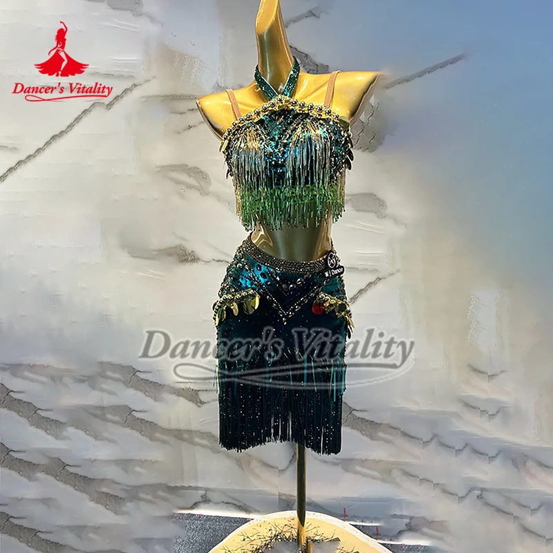 Latin Sleeveless Luxurious Customized Sling Two-piecer Blackish Green Fringed Skirt Chacha Salsa Samba Contest Advanced Clothing