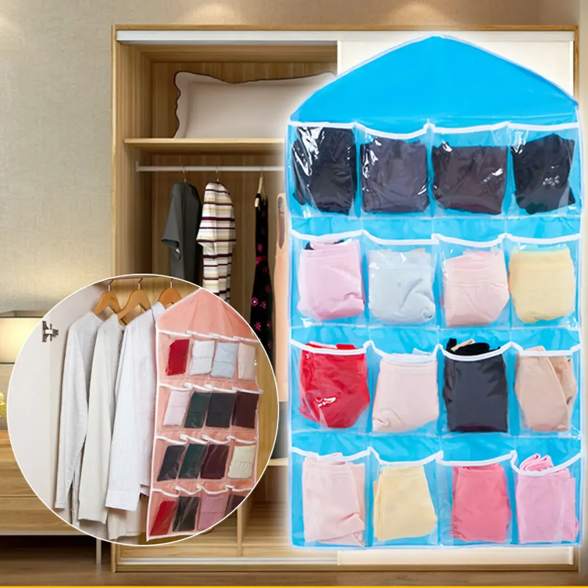 1PC 16 Grid Wall-mounted Clothes Organizer Fabric Closet Bag  Rack Mesh Pocket Clear Hanging Over The Wardrobe