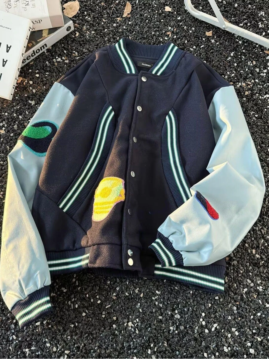 

Retro American Casual Embroidered Patchwork Baseball Jaet Loose Fit ex ort Top Outerwear for Autumn Winter