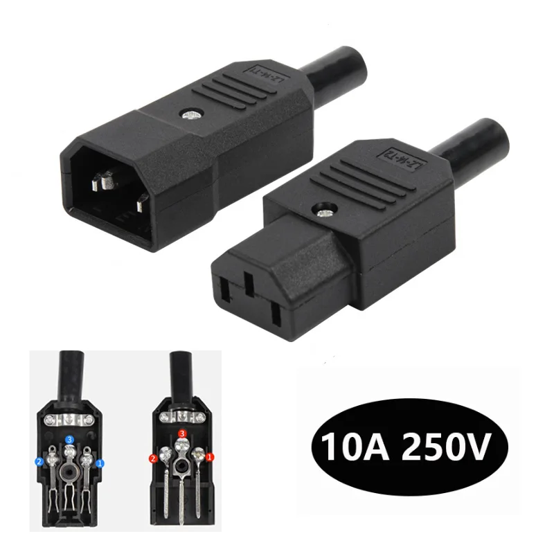 1PCS IEC Straight Cable Plug Connector C13 C14 10A 250V Black female&male Plug Rewirable Power Connector 3 pin Socket