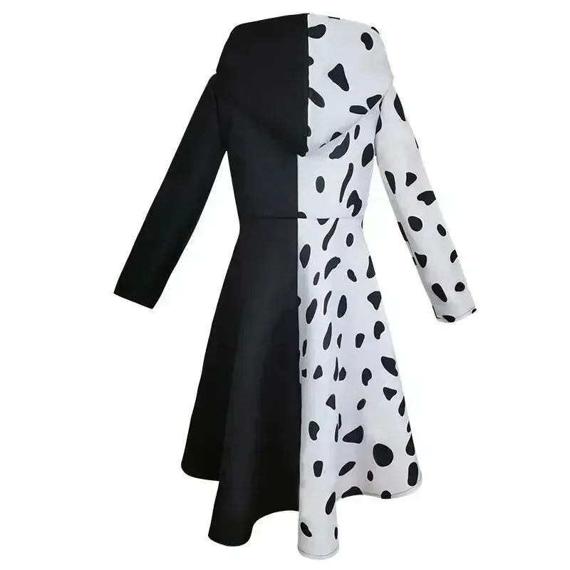 의상 Cruella Deville pour enfants filles, combinaison dalmatien noire, robe de fête 코스프레 d'halloween pour filles de 4 à 12