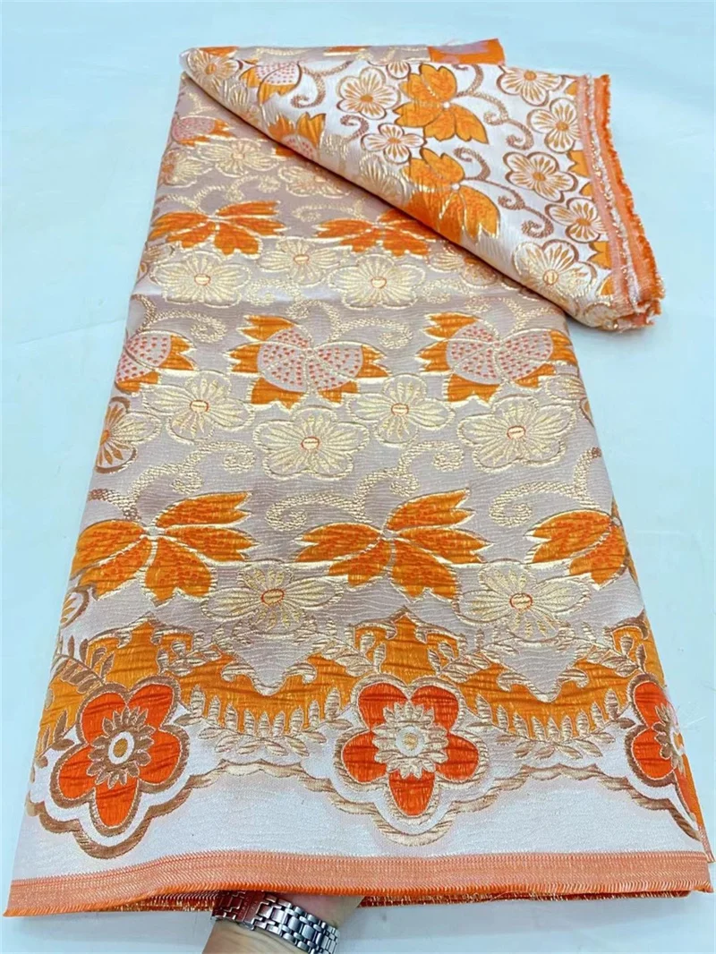 Orange African Jacquard Brocade Fabric Latest Floral Damask Material Nigerian Gilding Lace Brocard Tissu 5 Yard For Dress PB1