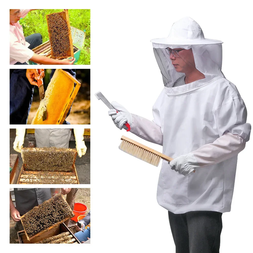 1 Set Beekeeping Suit with Hood and Anti-beewear J Scraper Bee Brush Bristle Bee Sweep Sheepskin Glove