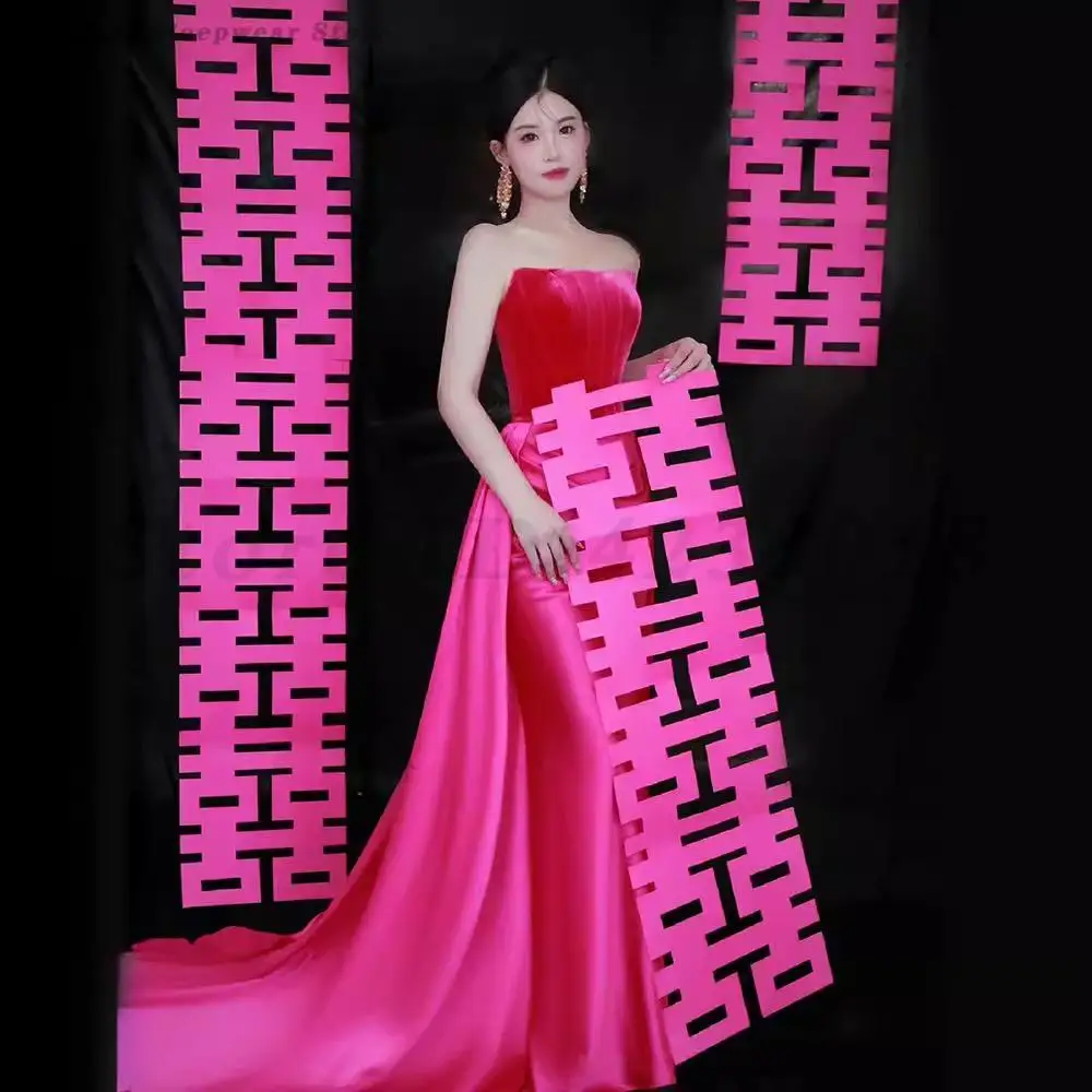 New Chinese Style Morning Gown Bride's Wedding Morning Photoshoot Dress Rose Red Engagement Qipao Sexy Strapless Toast Clothes