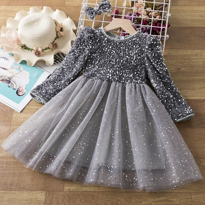 Girls Red Sequined Shining Princess Dress Autumn Winter Full Sleeve Christmas Costume 3-8 Year Kids Birthday Party Tulle Dress