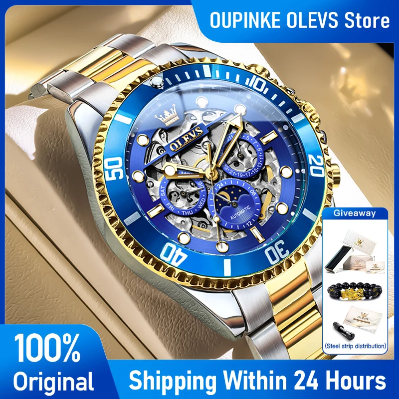 

OLEVS 6715 Mens Watch Skeleton Automatic Mechanical Watch Waterproof Moon Phase Sports Watches For Man Stainless Steel 2025 New
