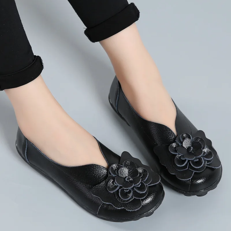 Spring Women Moccasins Flat Shoes Autumn Woman Loafers Soft Leather Flowers Ladies Casual Shoes Slip on Nurse Ballerina Shoes