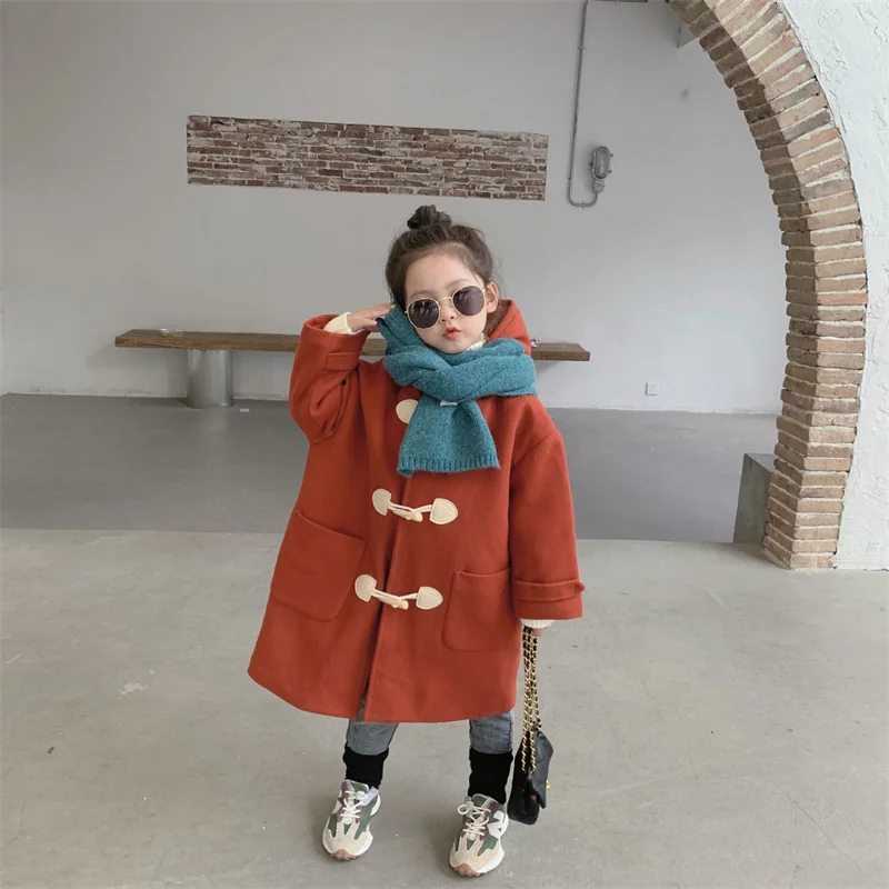 

Girls Woolen Coat Jacket Cotton Outwear 2022 Red Warm Thicken Plus Velvet Winter Autumn School Gift Children's Clothing