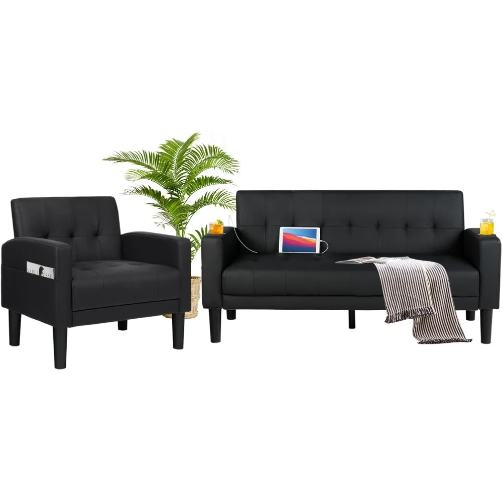2-delige woonkamer bankstel loveseat banken sets met 2 usb, bekerhouders, zijvak, modern leer 2-delige sectionele bank cha