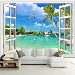 Custom 3D Photo Wallpaper Window Beach Scenery Bedroom Living Room Sofa TV Background Wall Covering Mural Wallpaper For Walls 3D