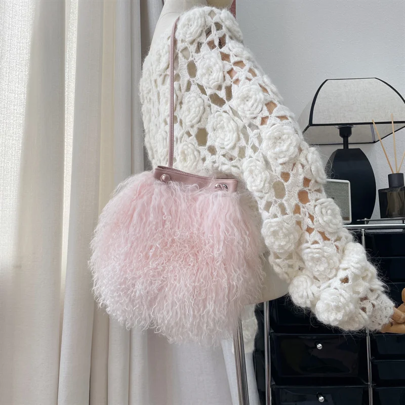 Sac à main rond en vraie fourrure de laine pour femmes, sac d'hiver en peluche doux de luxe chaud de styliste fourre-tout de bonne qualité, sac à bandoulière en vraie fourrure