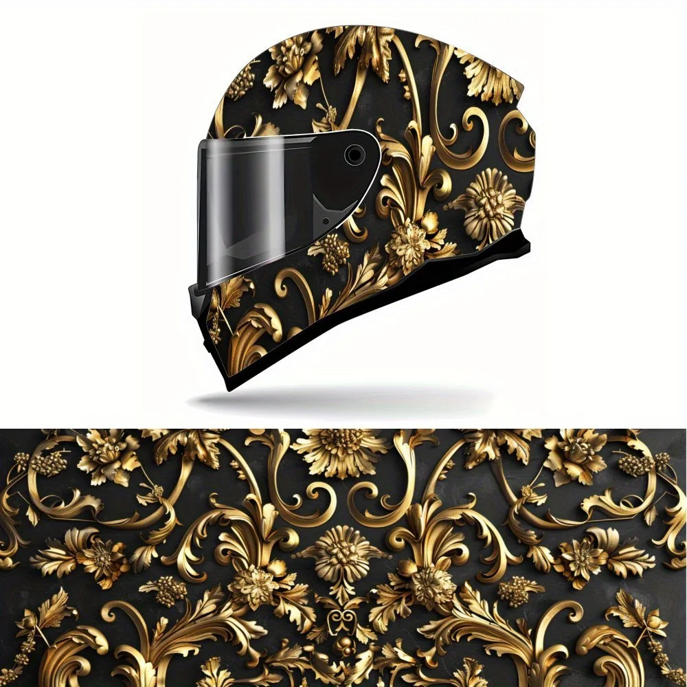 

Black and Gold Carved 2D PVC Motorcycle Helmet Vinyl Wrap, Self-Adhesive Waterproof Sticker, Anti-Scratch Decorative Film for Fu