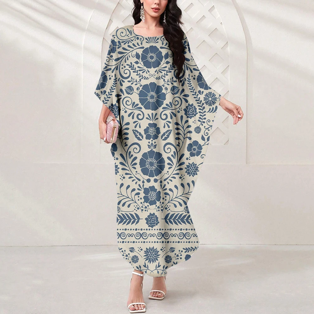 Fashion Summer Dresses 2024 Women's Gilbarb Muslim Islamic Long Dresses Vintage Print O-collar Robe Batwing Sleeve Long Dresses