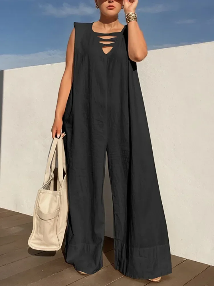 Lemongor Female Casual Wide Leg Jumpsuits 2024 Summer Sleeveless Hollow V-neck Loose Solid Color Fashion High Street Jump Suits