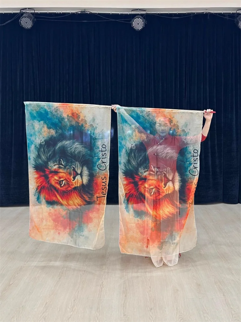 2 قطعة علم الثناء مع القطب القابل للتطوير مستطيل العبادة الملاك الجناح للكنيسة الرقص راية اللون الشيفون الحرس أعلام الأسد طباعة