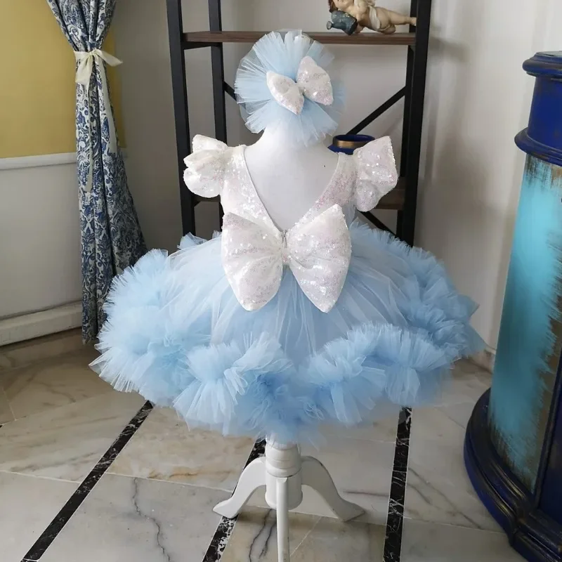 

Fluffy Flower Girl Dress Blue and White Tulle Sequin Bow Wedding Child Birthday Communion Baptism Party Wedding Gown