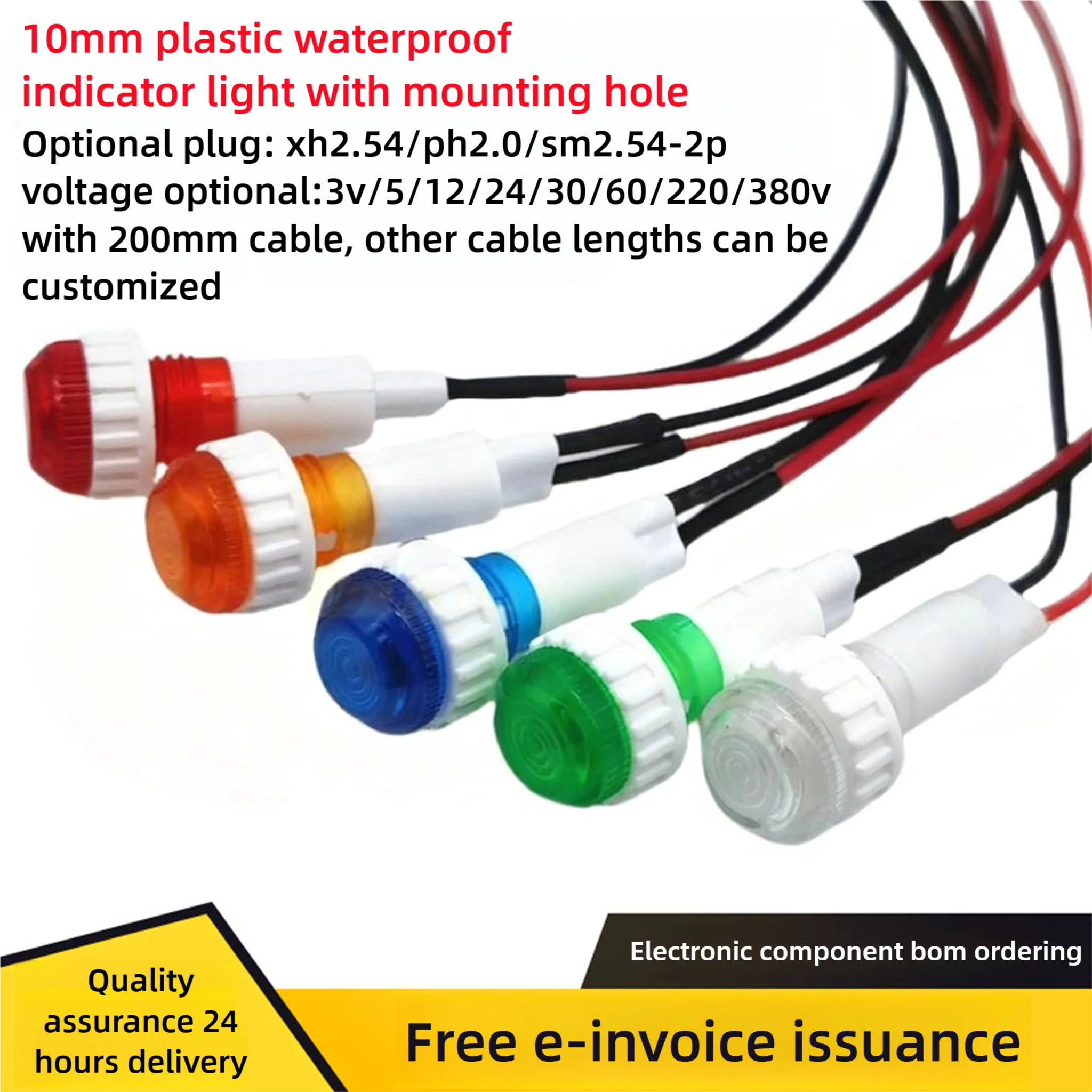 10MM Plastic Waterproof LED Indicator Light Signal With XH2.54-2P Plug, PH2.0, 3V-380V, Customizable Other Wire Lengths