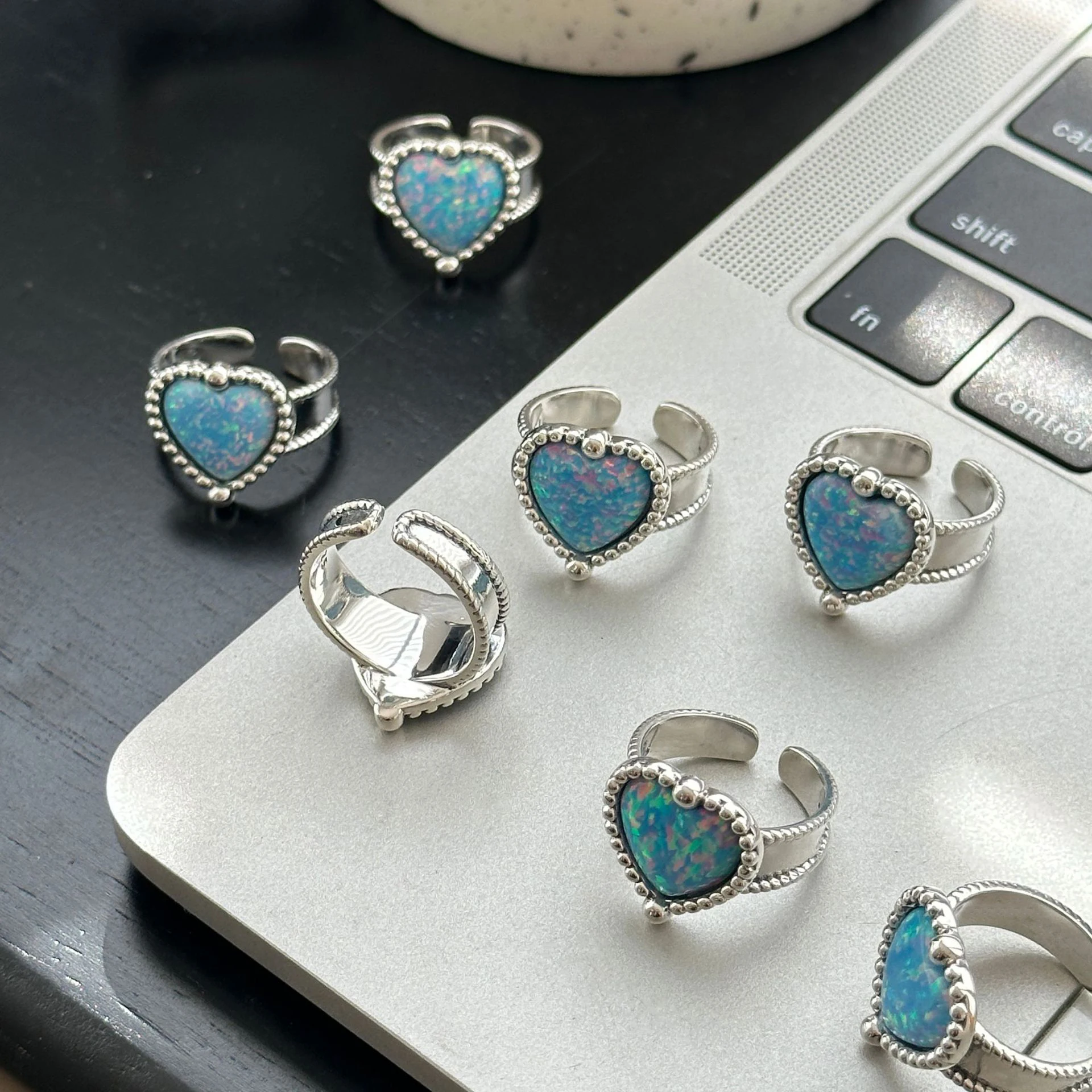 

925 Sterling Silver Open Finger Ring Vintage Heart Love Blue Stone Geometric Punk For Women Jewelry Gift Dropship Wholesale