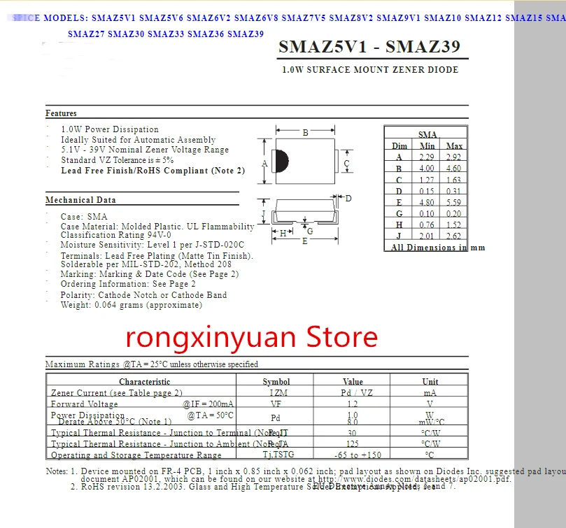 50pcs SMAZ8V2-13-F SMAZ8V2 SMAZ7V5-13-F SMAZ7V5 SMAZ6V8-13-F SMAZ6V8 SMAZ5V6-13-F SMAZ5V6 SMAZ5V1-13-F SMAZ5V1 SMA/DO-214AC Novo