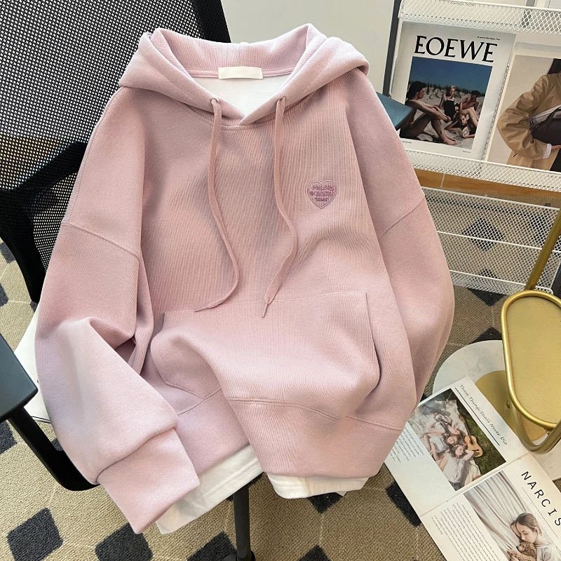 

Fall Winter Fleece Hooded Hoodies Letter Heart Embroidery Loose Big Pocket Sweatshirts Casual All-Matched Drawstring Pullovers