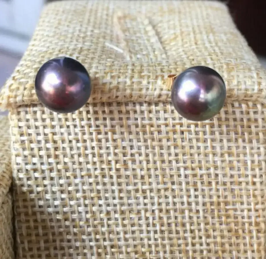 

charming a pair of 9-10mm tahitian black green pearl earring 14k
