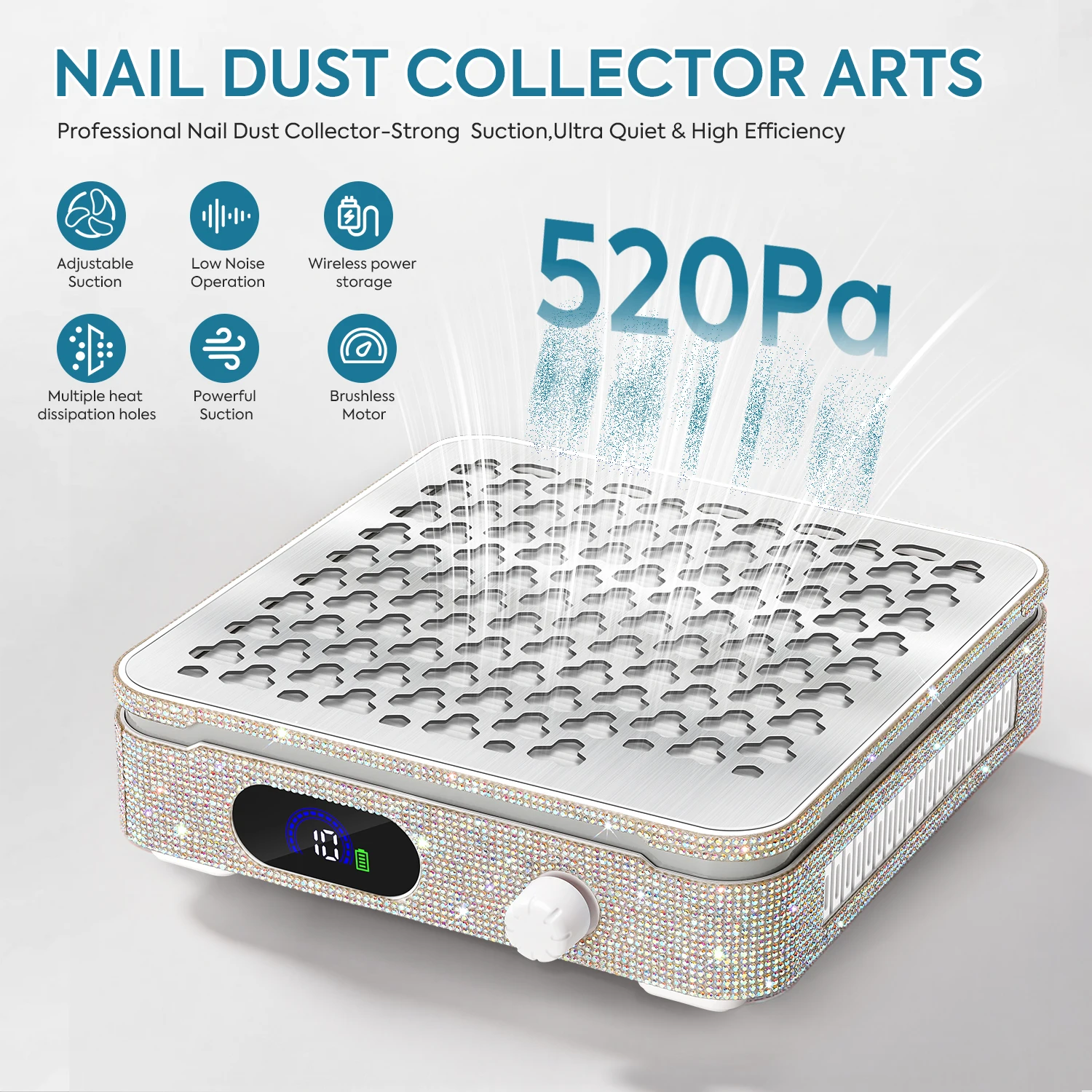 Premium Diamond-Style Rechargeable Nail Dust Vacuum with LCD Screen, Variable Speed & Magnetic Top