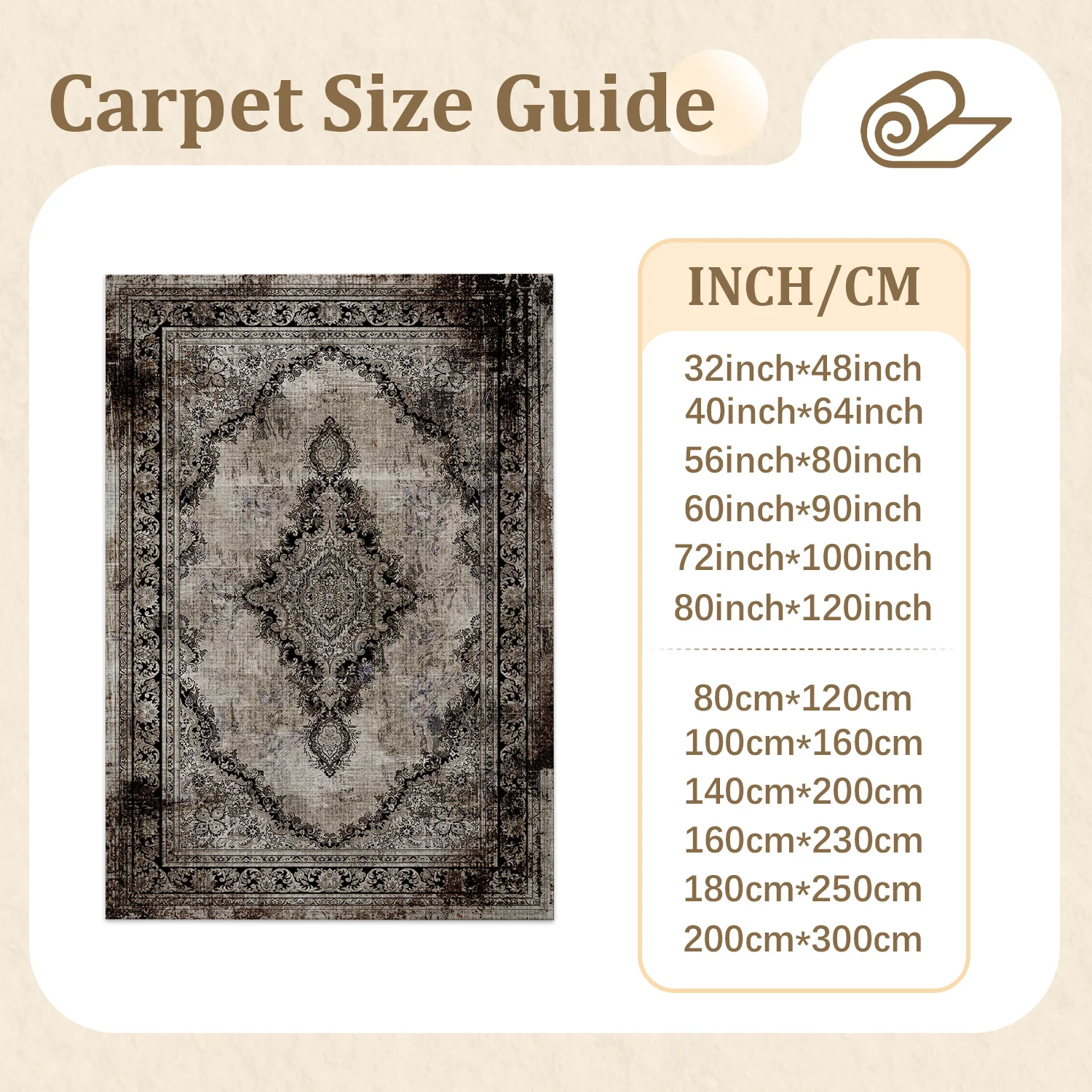 Large Indoor Area Rug, Soft Velvet Low Pile with Non-Slip Dotted Backing, Machine Washable, Vintage Distressed Oriental Medallion Pattern for Living Room, Bedroom, Entryway Home Decor